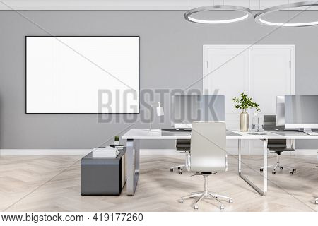 Bright Empty Office Room With A White Empty Banner On The Wall, Wooden Floor And Concrete Wall, Inte