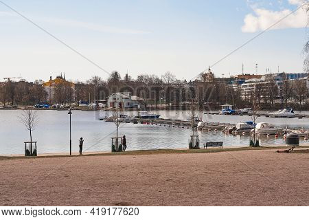 Helsinki. Finland 28 April 2021. Embankment. Herttoniemi. Sunny Spring Day.