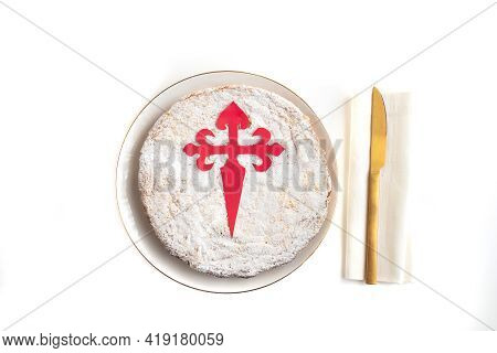 Tarta De Santiago (st. James Cake) Famous Spanish Almond Cake Typically Made In Galicia On White Bac
