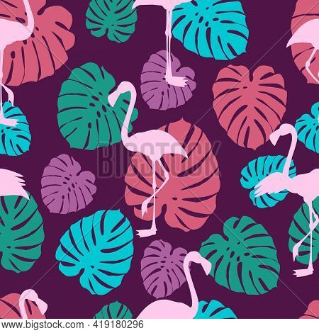 Flamingos And Tropical Leaves. Seamless Pattern With Flamingos And Monstera Leaves. Seamless Pattern
