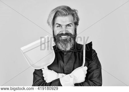 Cleaning Day. Janitor Professional. Bearded Hipster Blue Uniform With Broom. Gardener Cleaning Servi