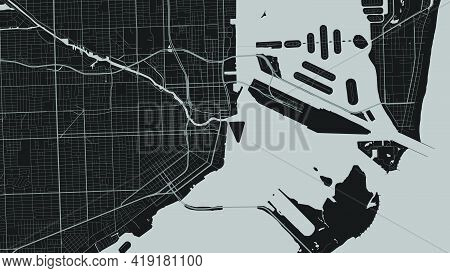 Dark Grey And Black Miami City Area Vector Background Map, Streets And Water Cartography Illustratio