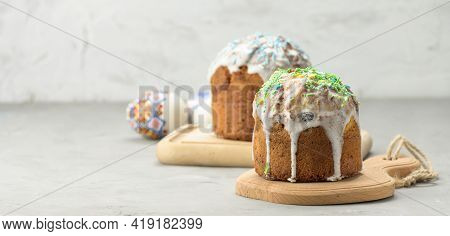 Baked Traditional Christian Dessert For Easter Holiday. The Pastries Are Glazed And Decorated With M
