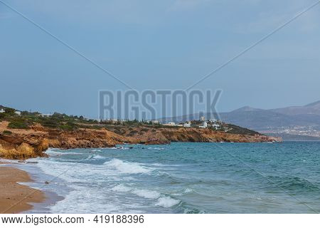 View Of The Sandy Soros Beach On The Coastline Of Antiparos Island. Greece.