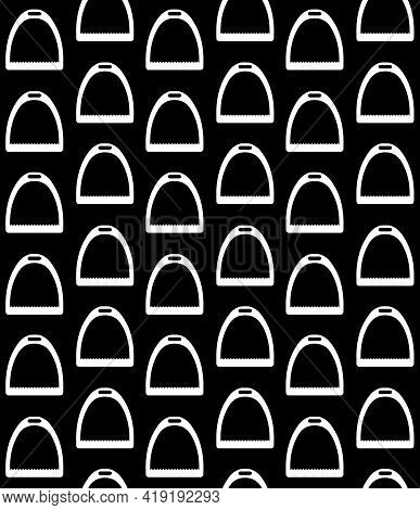 Vector Seamless Pattern Of Flat Horse Equestrian Saddle Stirrup Silhouette Isolated On Black Backgro