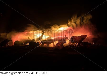 A Group Of Animals Are Grouped Together On A Black Background With Glowing White Rays. Animals Range