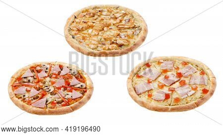 Three Pizzas Isolated On A White Background. Italian Food Concept. Appetizing Pizza.