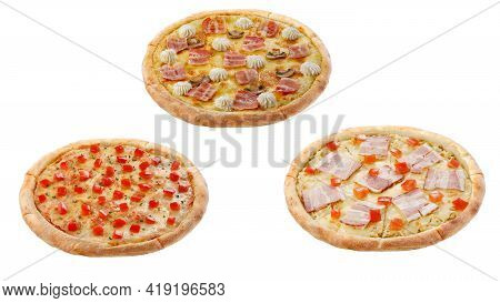Three Pizzas Isolated On A White Background. Italian Food Concept. Appetizing Pizza.