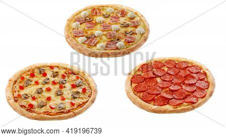 Three Pizzas Isolated On A White Background. Italian Food Concept. Appetizing Pizza.