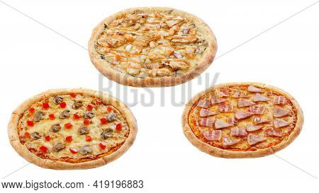 Three Pizzas Isolated On A White Background. Italian Food Concept. Appetizing Pizza.