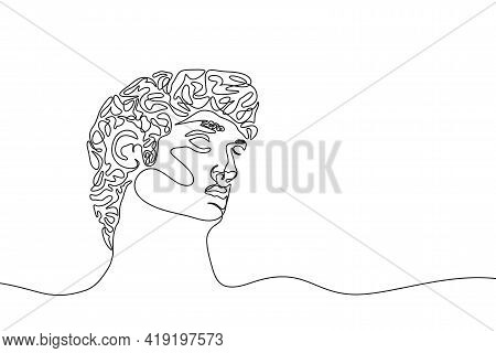 One Continuous Line Drawing Of Antique Statue. One Line Hand Drawn Sculpture Of Male Head. Vector Il