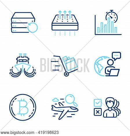 Business Icons Set. Included Icon As Push Cart, Breathable Mattress, Bitcoin Signs. Ship, Search Fli