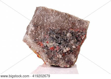 Macro Stone Cinnabar With Mineral Stibnite On A White Background