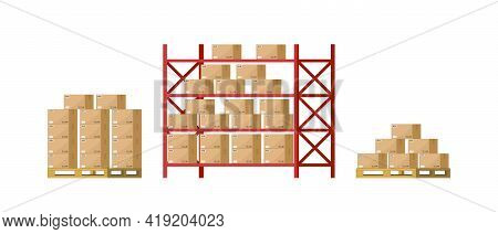Warehouse Inventory With Rack, Pallet And Boxes. Shelf For Storage Of Cargo. Stock Of Wholesale Good