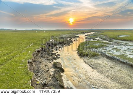 Tidal Channel In Salt Marshland With Natural Meandering Drainage System On Wadden Island Of Ameland 