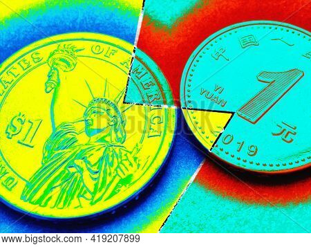 Translation: People's Bank Of China, One Yuan. 1 American Dollar And 1 Chinese Yuan Coins. Multicolo
