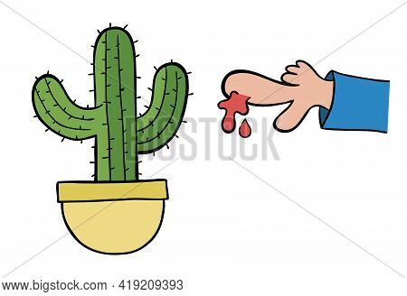 Cartoon Vector Illustration Of Cactus And Thorn, Bleeding Finger.