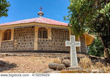 Religious Christian Cross Behind Entos Eyesu Unesco Monastery Situated On Small Island On Lake Tana 
