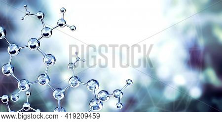 Models of abstract molecular structure on blue background. Horizontal banner with glass model of molecule. Copy space for your text. Mock up template. 3d render