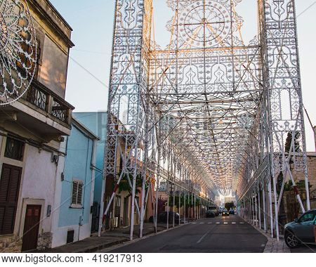 Diso, Apulio, Puglia, Italy - April, 22, 2018:illuminations In The Center Of Diso