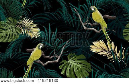 Dark Tropical Seamless Pattern With Exotic Monstera And Royal Palm Leaves, Light Green Perrots And B
