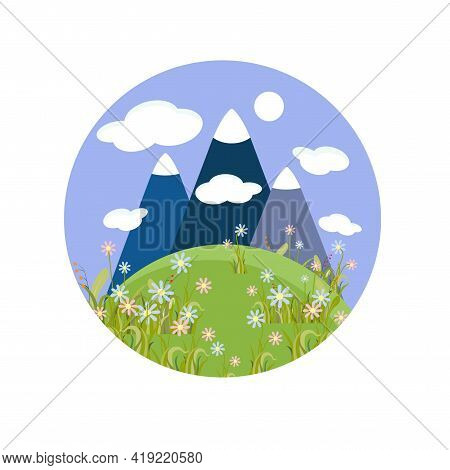Mountaign Landscape Flower Hill Round Label Art Cartoons Design Element Stock Vector Illustration Fo