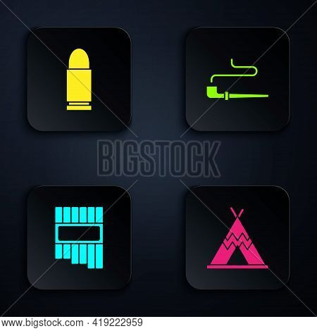 Set Indian Teepee Or Wigwam, Bullet, Pan Flute And Smoking Pipe. Black Square Button. Vector