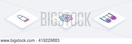 Set Isometric Line Bullet, Revolver Cylinder And Wild West Covered Wagon. White Square Button. Vecto