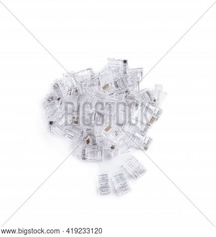 Heap  Of Rj45 Cat5 Cat6 Pass Through Connectors 8p8c Ehternet Isolated On White