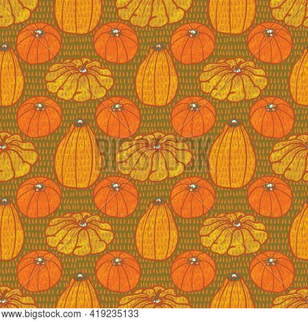 Squash Vegetable Background Seamless Vector Pattern In A Retro Style.