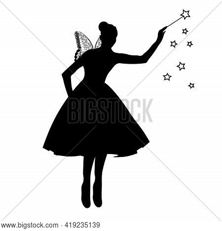Fairy Vector Stock Illustration. Beautiful Fairy Silhouette. A Sorceress With Wings And A Magic Wand