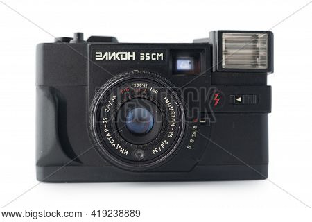 Zaporozhye, Ukraine May 3, 2021: Elikon With Lens Industar-95 Photo Camera Isolated On White Backgro