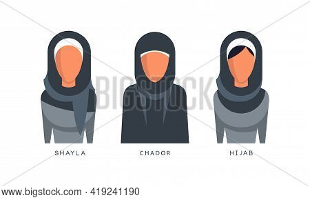 Muslim Female Headgears Set, Shayla, Chador, Hijab Headdress Flat Vector Illustration