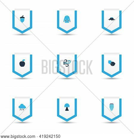 Season Icons Colored Set With Oak Nut, Apple, Wind And Other Jacket Elements. Isolated Vector Illust