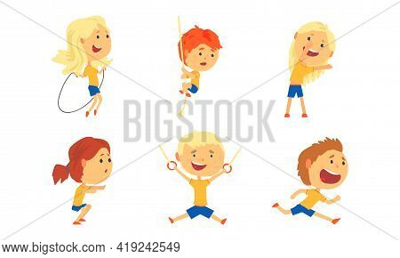 Little Boy And Girl Engaged In Physical Education And Athletics Skipping Rope And Running Vector Set