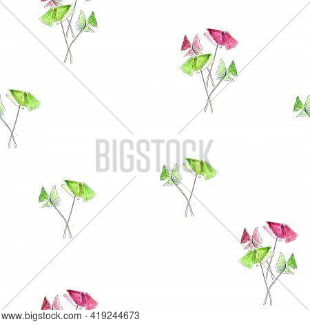 Watercolor Drawing Seamless Pattern Of Purple And Green Oxalis Leaves On A White Background