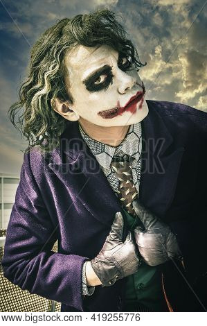 Rome, Italy. October 04, 2015: Joker Character During The Comic Fair In Rome. Romics 2015 Event. Clo