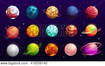 Fantasy Space Planets Of Cartoon Alien Galaxy, Vector Ui Or Gui For Space Games. Fantastic Universe 