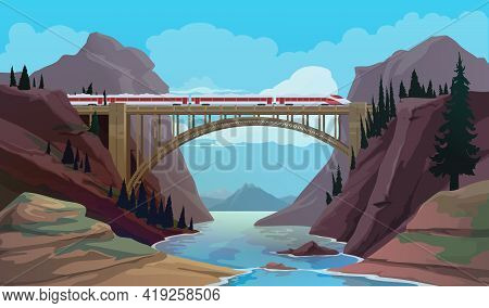 Railroad Bridge With Train Over Mountain River Vector Background. Mountain Nature Landscape With Arc