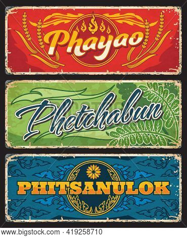 Phayao, Phetchabun And Phitsanulok Province Of Thailand Vector Plates With Thai Seals Ornament Of Fi