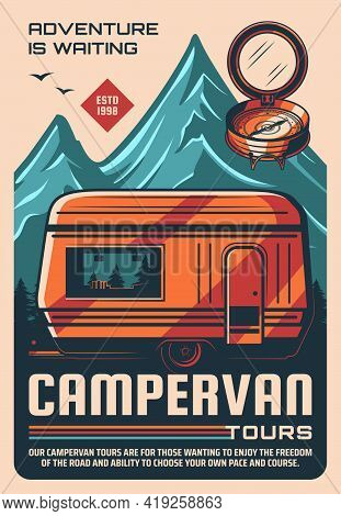 Campervan Travel Tours Vintage Poster. Outdoor Recreation And Tourism, Trip On Recreational Vehicle 