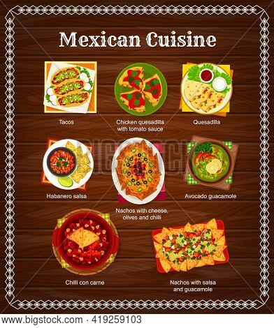 Mexican Cuisine Menu, Mexico Food Dishes And Meals, Vector Tacos And Quesadilla With Salsa Sauce. Tr