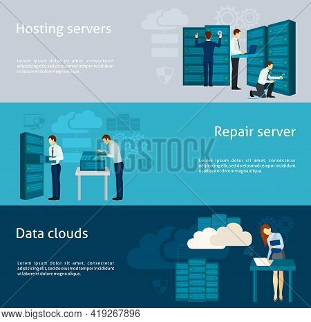 Datacenter Horizontal Banner Set With Hosting Servers And Data Clouds Elements Isolated Vector Illus