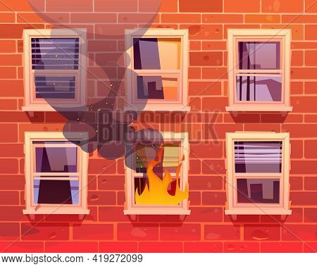 Fire In House, Window With Burning Flame, Long Blazing And Black Steam At Real Estate Building Facad