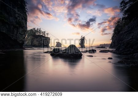 Dreamy Magical View Of Colorful Sunset On The Pacific Ocean Coast. Taken At Cape Flattery In Neah Ba