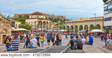 Athens, Greece  - September 20, 2019: Crowded Monastiraki Square in Athens. Panoramic sityscape