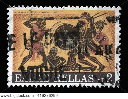 ZAGREB, CROATIA - SEPTEMBER 18, 2014: Stamp printed in Greece shows Hercules Deeds - Hercules and Geryon, circa 1970