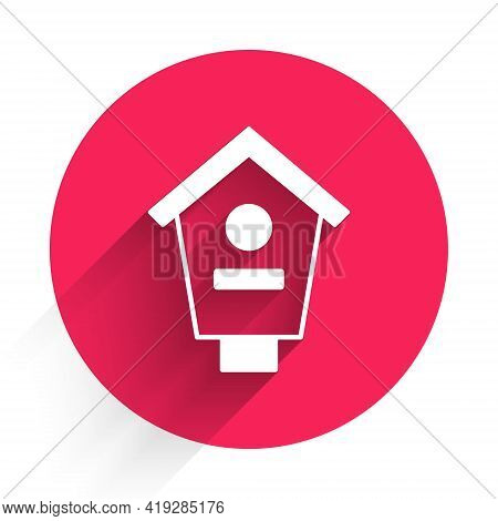 White Bird House Icon Isolated With Long Shadow. Nesting Box Birdhouse, Homemade Building For Birds.