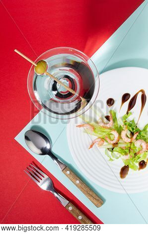 Elegant Food In Trend Color Style - Green Salad With Shrimps And Cocktail Decorated Green Olive With