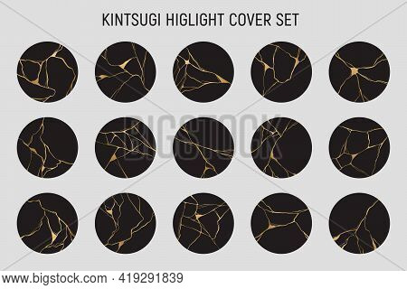 Kintsugi Highlight Cover Set. Japanese Art Of Repairing Broken Pottery. Hand Drawn Golden Crack Elem